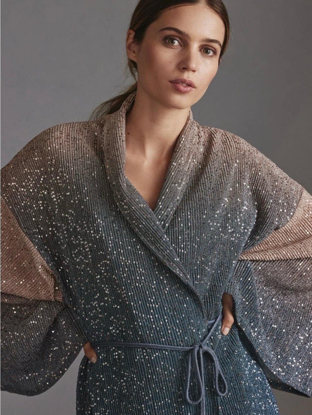 Anthropologie Ombré Shine Sequin Duster Kimono Cardigan Boho Glam Metallic NWT - Picture 2 of 7